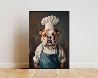 Poster Bulldog met koksmuts, poster huisdier, poster hond, poster hond keuken, poster hond keuken, poster hond keuken, poster hond keuken, poster grappig huisdier, grappige hond kunst aan de muur, portret hond, poster hond keuken