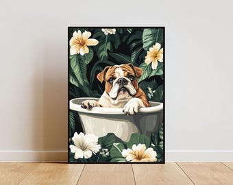 Poster Bulldog in bad, poster grappige hond, poster badkamer, bulldog badkamer print, poster bad hond, poster huisdier, poster hond badkamer, poster badkamer hond, grappige bulldog kunst