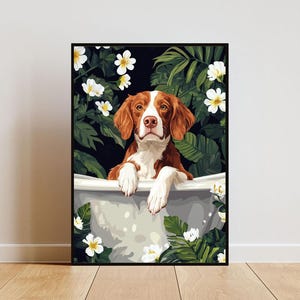 Pôster de Brittany Spaniel na banheira, pôster engraçado de cachorro, impressão de banheiro de Brittany, pôster de banho de Brittany, pôster de animal de estimação, arte de parede de banheiro de cachorro