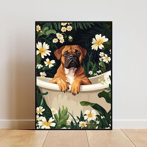 Bullmastiff In Bathtub Poster, Funny Dog Poster, Bullmastiff Bathroom Print, Bullmastiff Bath Poster, Pet Poster, Dog Bathroom Wall Art