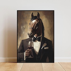 Póster de caballo con esmoquin, póster de animales, impresión de caballo con traje, retrato de caballo, póster de animales para sala de estar, impresión divertida de caballo, póster de caballo