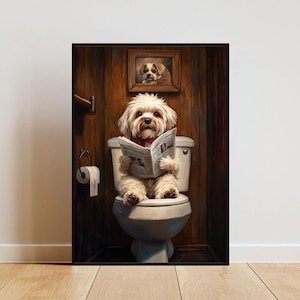 Lhasa Apso On Toilet Poster, Dog Poster, Lhasa Apso Bathroom Print, Dog Toilet Wall Art, Lhasa Apso Portrait, Dog Bathroom Poster,Lhasa Apso