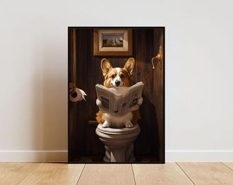 Cardigan Welsh Corgi On Toilet Poster, Dog Poster, Corgi Bathroom Print, Dog Toilet Wall Art, Corgi Portrait, Dog Bathroom Poster, Corgi Art