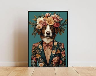 Affiche de berger australien en costume, portrait de berger australien, peinture à l'huile de berger australien, impression de tête d'animal et de corps humain, affiche de chien