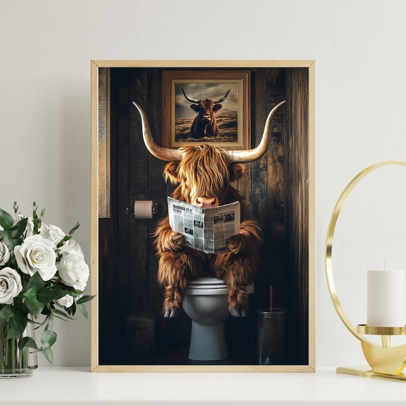 Highland Cow on Toilet Poster, Animal Poster, Highland Cow Bathroom ...