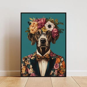 May include: A brown and white dog wearing a floral patterned suit and a bow tie. The dog is wearing a crown of flowers on its head. The background is a teal blue color.