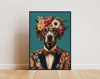 Poster di cane da caccia tedesco a pelo corto in abito, ritratto di cane da caccia tedesco a pelo corto, dipinto a olio di animali domestici, poster di testa di animale e corpo umano, poster di cane
