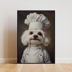 Póster de maltés con gorro de cocinero, póster de mascotas, impresión de maltés con delantal, arte de pared divertido para perros, retrato de maltés, póster de cocina para perros, póster de animales
