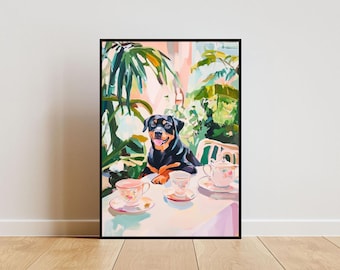 May include: A Rottweiler dog sits at a table with a teacup and teapot in a painting. The dog is wearing a collar and has a happy expression. The background is a lush green jungle with pink and yellow accents.