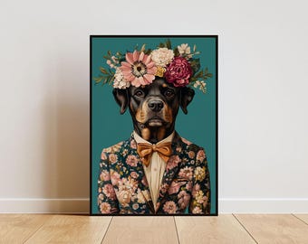 Puede incluir: Un perro Rottweiler negro y marrón que lleva un traje estampado de flores y una pajarita. El perro lleva una corona de flores rosas y blancas en la cabeza. El fondo es de color azul turquesa.