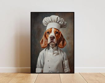 Beagle In Chefs Hat Poster, Pet Poster, Beagle In Apron Print, Funny Dog Wall Art, Beagle Portrait, Dog Kitchen Poster, Funny Beagle Poster
