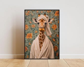Giraffe In Bathrobe Poster, Animal Poster, Giraffe Bathroom Print, Animal Wall Art, Giraffe Portrait, Animal Bathroom Poster, Funny Giraffe