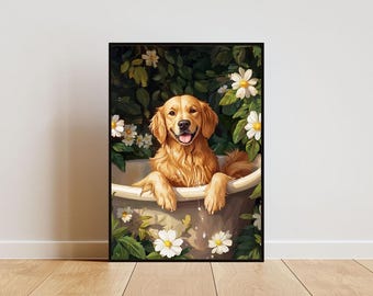 May include: A framed artwork featuring a golden retriever dog in a vintage bathtub. The dog has a happy expression, surrounded by white flowers and green foliage. The artwork is set against a white wall and wooden floor.