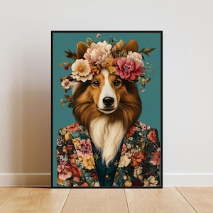 Shetland Sheepdog In Suit Poster, Sheltie Portrait, Sheltie Oil Painting, Animal Head Human Body Poster, Funny Dog Poster, Pet Wall Art