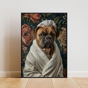 Bullmastiff In Bathrobe Poster, Dog Poster, Bullmastiff Bathroom Print, Dog Wall Art, Bullmastiff Portrait, Pet Poster, Dog Bathroom Poster
