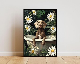 May include: A brown and white dog sits in a white bathtub surrounded by white daisies and green leaves. The dog is looking directly at the viewer.