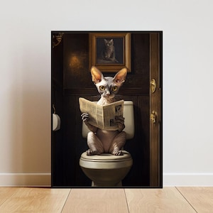 May include: A hairless cat with a serious expression sits on a toilet, reading a newspaper. The cat is in a bathroom with a wooden door and a framed picture of another cat on the wall.