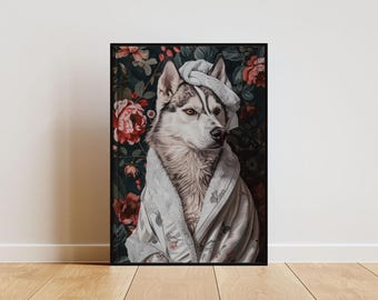 May include: A white and gray husky dog wearing a white bathrobe with floral print, posed against a dark green background with red and white flowers.