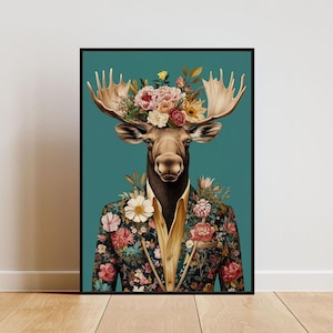 Póster de alce con traje, retrato de alce, pintura al óleo de alce, póster de cuerpo humano con cabeza de animal, póster divertido de animales, impresión de animales, arte de pared de ciervo