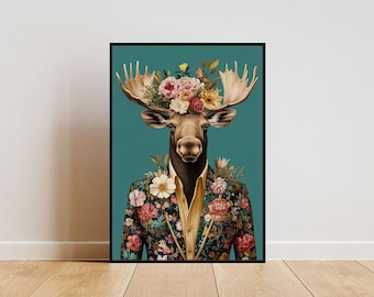 Moose In Suit Poster, Moose Portrait, Moose Oil Painting, Animal Head Human Body Poster, Funny Animal Poster, Animal Print, Stag Wall Art