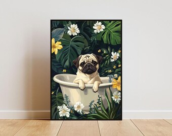 May include: A pug dog sits in a white bathtub surrounded by lush green tropical leaves and white and yellow flowers.