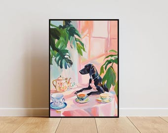 May include: A black dog sits at a table with a teapot, teacups, and saucers. The table is covered in a pink tablecloth. The dog is wearing a collar and looking to the left. The background is a pink and green painting with a window and plants.