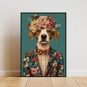 Pôster de Spaniel Brittany em terno, retrato de Brittany, pintura a óleo de Brittany, pôster de corpo humano de cabeça de animal, pôster de cachorro engraçado, arte de parede de animal de estimação