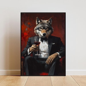 Póster de lobo con esmoquin, póster de animales, impresión de lobo con traje, retrato de lobo, póster de animales para sala de estar, impresión divertida de lobo, póster de lobo, animal