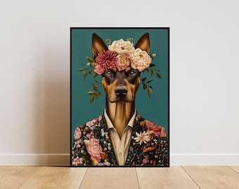 Puede incluir: Un perro marrón y negro con un traje estampado floral y una corona de flores rosas y blancas sobre un fondo azul verdoso.