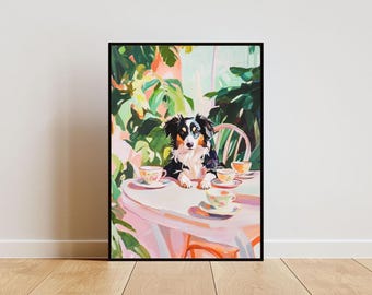 Affiche rétro de berger australien, peinture à l'huile de berger australien, affiche de berger australien vintage, art mural de salle à manger de chien, chien rétro