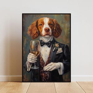 Pôster de Brittany Spaniel em smoking, pôster de animal de estimação, impressão de Brittany em terno, arte de parede de cachorro, retrato de Brittany, pôster de sala de estar de cachorro, arte de Brittany