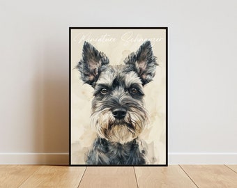 May include: A watercolor painting of a Miniature Schnauzer dog. The dog has a black and gray coat and is looking directly at the viewer. The background is a light brown with watercolor washes.