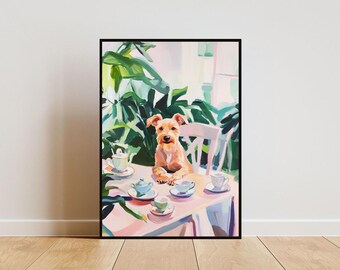 May include: A framed art print depicts a dog at a tea party. The dog, with tan fur, sits at a table set with teacups and saucers. The background features lush green foliage and a white chair, creating a whimsical scene.