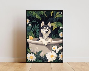 Puede incluir: Un perro husky blanco y negro sentado en una bañera blanca rodeado de hojas verdes y margaritas blancas. El perro mira directamente al espectador.