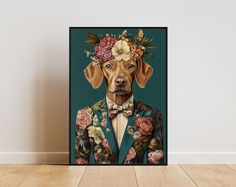 Vizsla en cartel de traje, retrato de Vizsla, pintura al óleo de Vizsla, cartel de cuerpo humano de cabeza de animal, cartel de perro divertido, arte de pared de mascotas, arte divertido de Vizsla