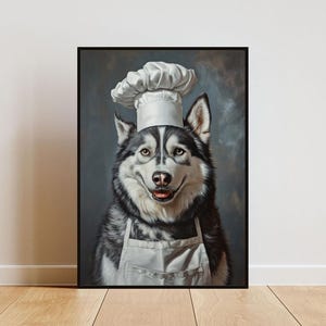 Póster de husky siberiano con gorro de chef, póster de mascota, impresión de husky con delantal, arte de pared divertido para perros, retrato de husky, póster de cocina para perros, póster de animales