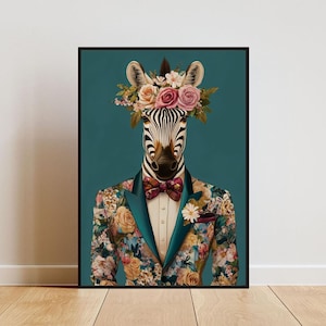 Zebra In Suit Poster, Zebra Portrait, Zebra Oil Painting, Animal Head Human Body Poster, Funny Animal Poster, Animal Print, Zebra Wall Art