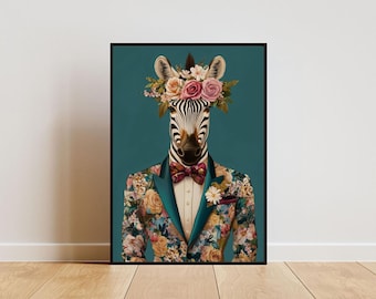 Zebra In Suit Poster, Zebra Portrait, Zebra Oil Painting, Animal Head Human Body Poster, Funny Animal Poster, Animal Print, Zebra Wall Art