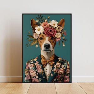 Basenji In Suit Poster, Basenji Portrait, Basenji Oil Painting, Animal Head Human Body Poster, Funny Dog Poster, Pet Print, Basenji Wall Art