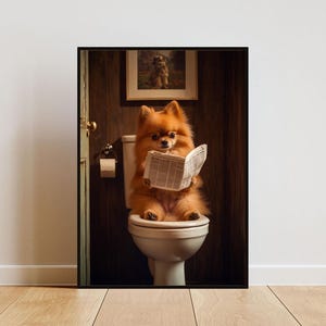トイレのポメラニアンのポスター、犬のポスター、ポメラニアンのバスルームのプリント、犬のトイレの壁アート、ポメラニアンの肖像画、犬のバスルームのポスター、犬のプリント
