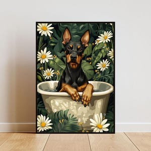 Dobermann Pinscher in der Badewanne Poster, lustiger Hund Poster, Dobermann Badezimmer Druck, Dobermann Pinscher Bad Poster, Haustier Poster, Hund Badezimmer Kunst