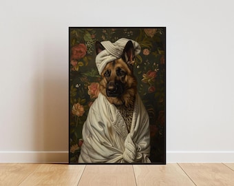 Duitse herder in badjas poster, hond poster, Duitse herder badkamer print, hond kunst aan de muur, portret Duitse herder, hond badkamer poster