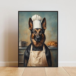 Belgian Malinois In Chefs Hat Poster, Pet Poster, Belgian Malinois In Apron Print, Funny Dog Wall Art, Malinois Portrait, Dog Kitchen Poster