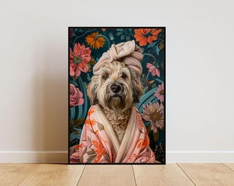 Soft-Coated Wheaten Terrier In Bathrobe Poster, Dog Poster, Wheaten Terrier Bathroom Print, Wheaten Terrier Portrait, Dog Bathroom Poster