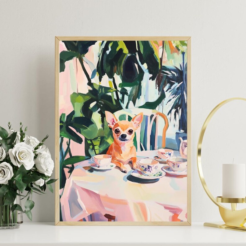 May include: A painting of a chihuahua sitting at a table with teacups and saucers. The chihuahua is brown and white and is wearing a pink collar. The table is covered in a pink tablecloth and there are green plants in the background.
