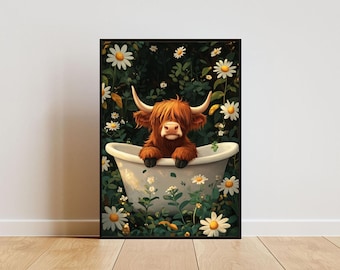 Póster de vaca de las Highlands en la bañera, póster de animales divertidos, impresión de vaca de las Highlands para el baño, póster de vaca de las Highlands para el baño, arte mural de animales divertidos para el baño
