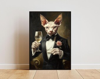 Sphynx In Tuxedo Poster, Pet Poster, Sphynx In Suit Print, Sphynx Portrait, Funny Sphynx Art, Funny Pet Print, Cat Print, Cat Wall Art