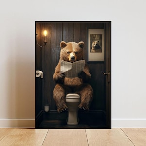 Bear On Toilet Poster, Animal Poster, Bear Bathroom Print, Animal Toilet Wall Art, Grizzly Bear Portrait, Animal Bathroom Poster, Brown Bear