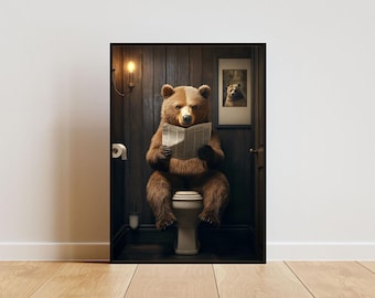 Bear On Toilet Poster, Animal Poster, Bear Bathroom Print, Animal Toilet Wall Art, Grizzly Bear Portrait, Animal Bathroom Poster, Brown Bear