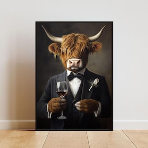Highland Cow In Tuxedo Poster, Highland Cow In Suit Print, Highland Cow Portrait, Animal Living Room Poster, Funny Highland Cow Print, Cow